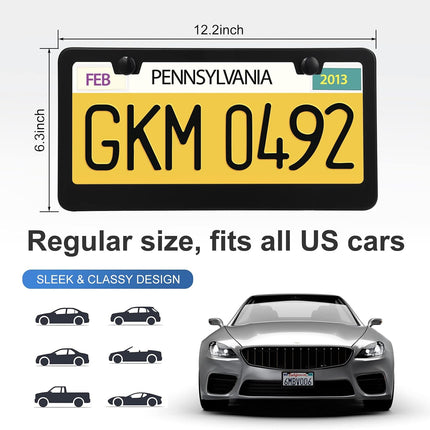 2 Pack Stainless Steel License Plate Frames Black Car Tag Holder with Screw Caps