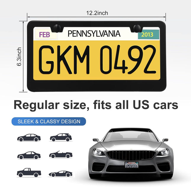 2 Pack Stainless Steel License Plate Frames Black Car Tag Holder with Screw Caps