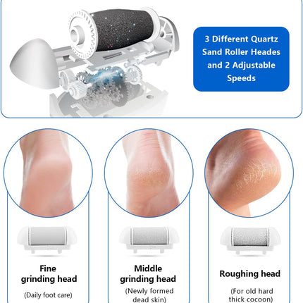 Rechargeable Electric Foot Callus Remover, 3 Grinding Heads, Waterproof Pedicure Tool for Dry Skin
