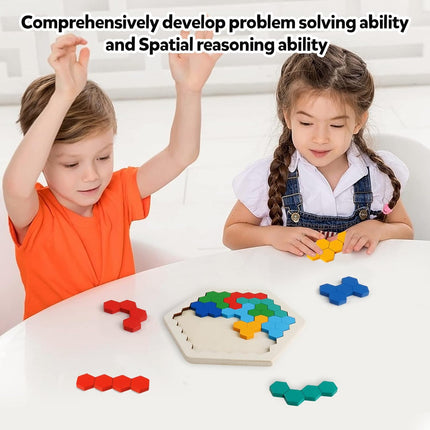 Wooden Hexagon Puzzle – STEM Tangram Brain Teaser for Kids & Adults