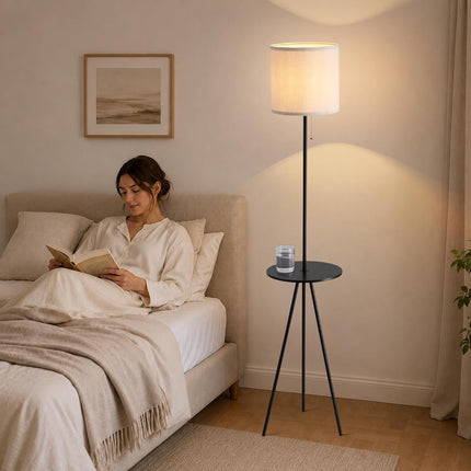 Floor Lamp with Side Table Linen Shade Space Saving Standing Lamp for Living Room
