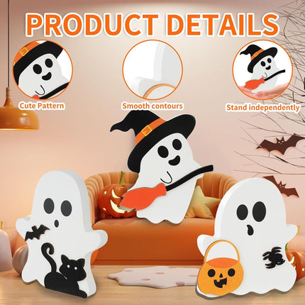 3-Piece Halloween Wooden Tabletop Decor, Ghost Cat Bat Witch Broom Tiered Tray Signs
