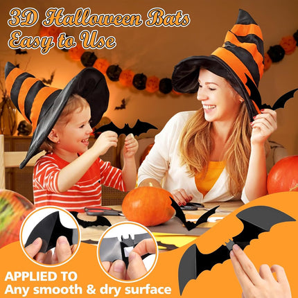 100-Piece 3D Halloween Bat Wall Stickers, PVC Bats for Indoor Outdoor Party Decor