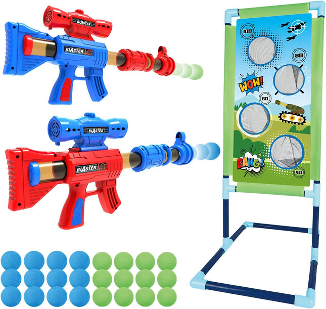 Foam Ball Shooting Game Toy, 2-Pack Popper Guns with Target & 24 Balls