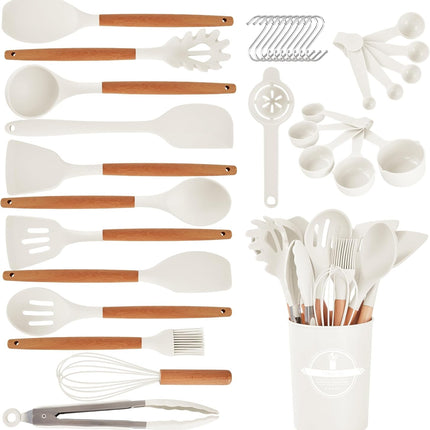 34-Piece Nonstick Silicone Kitchen Utensil Set with Wooden Handles, Cream White