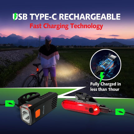 USB-C Rechargeable Bike Lights Front & Rear, 3 Modes, Safety Lights for Night Riding