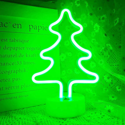 Green Neon Christmas Tree Light – Battery/USB Powered Christmas Sign with Base for Room Decor