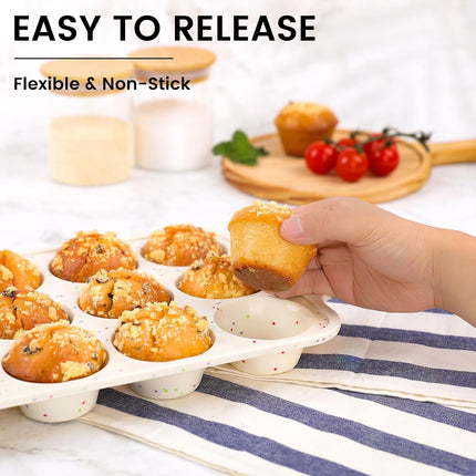 12 Cup Silicone Muffin Pan Metal Frame BPA Free Cupcake Baking Tray Cream