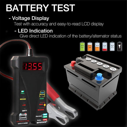MP0514A 12V Car Battery Tester – Digital Voltmeter, LCD Display, LED Indication