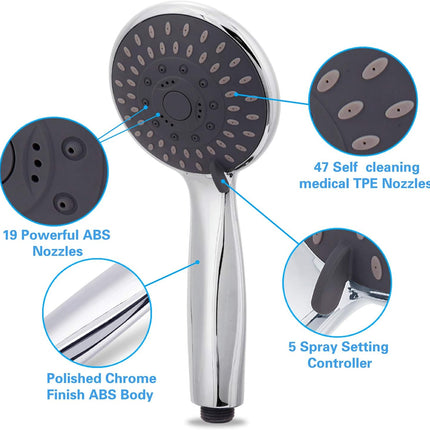 High Pressure 5-Setting Handheld Shower Head Stainless Hose Adjustable Mount