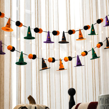 9.8FT 20LED Halloween String Lights, Witch Hat & Pom Pom, Orange Purple Green Decor