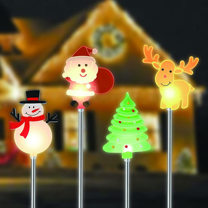 4 Pack Solar Christmas Lights – Santa, Snowman, Tree & Reindeer Yard Stakes