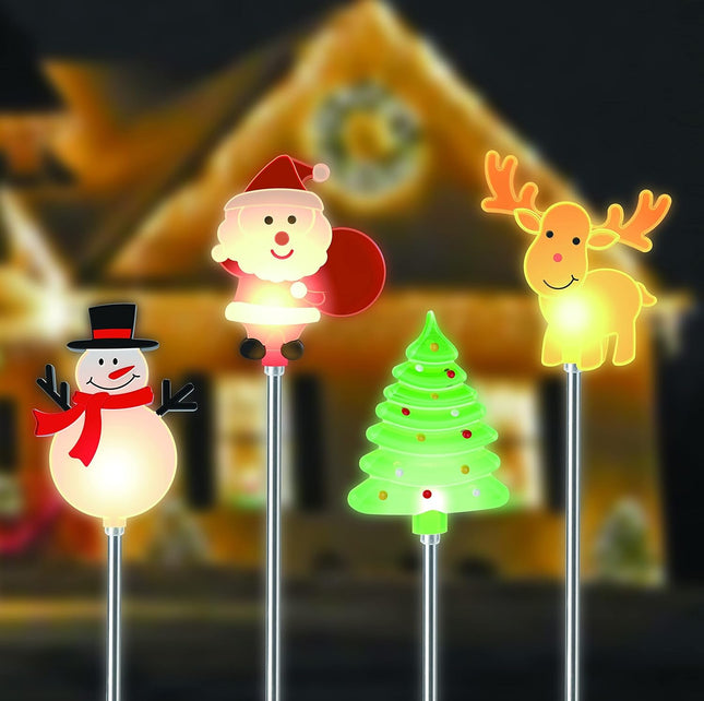 4 Pack Solar Christmas Lights – Santa, Snowman, Tree & Reindeer Yard Stakes