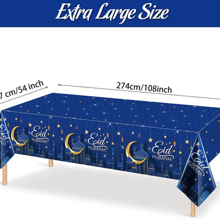 3-Piece Eid Mubarak Tablecloth Set Blue 54x108" Ramadan Party Decor