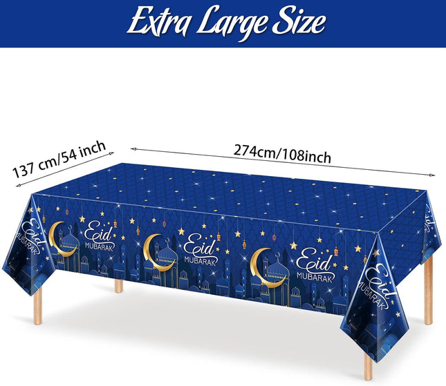 3-Piece Eid Mubarak Tablecloth Set Blue 54x108" Ramadan Party Decor