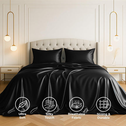 Queen Satin Sheets 4-Piece Black, Silky Soft 1800 Microfiber, Deep Pocket