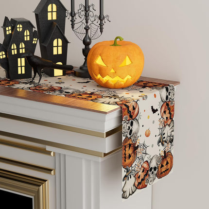 Halloween Skeleton Ghost Table Runner 13x72in, Pumpkin Spooky Kitchen Dining Decor
