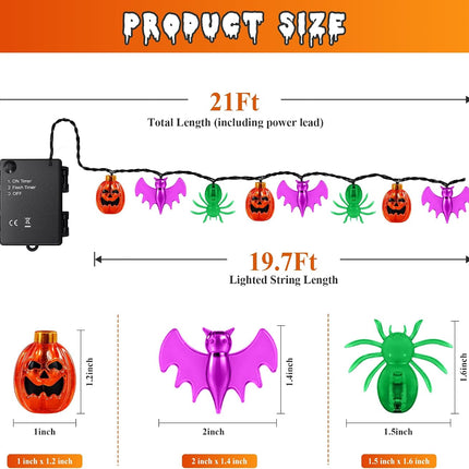 20FT Halloween String Lights, 30 LED Pumpkin Spider Bat Lights, Timer, Indoor Outdoor