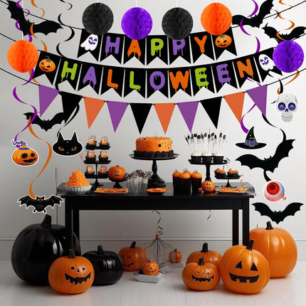 Halloween Decoration Set, Honeycomb Balls, Spiral Ribbons, 3D Bats & 20 Hooks