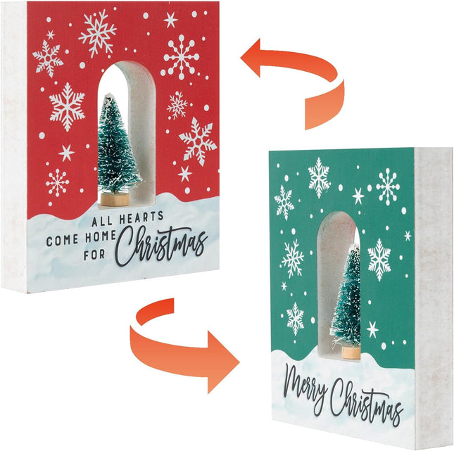 Christmas Tabletop Sign – Double-Sided Wood Decor with Mini Xmas Tree Display