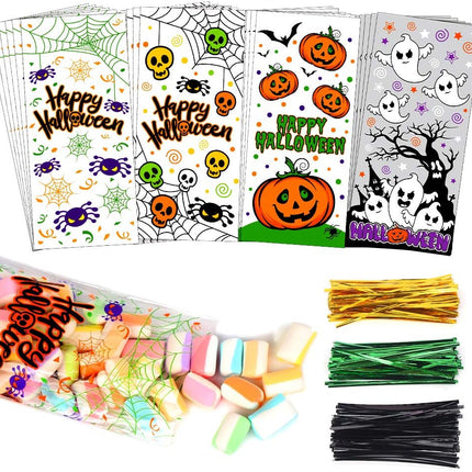 200-Piece Halloween Cellophane Candy Treat Bags with Twist Ties, Party Favors