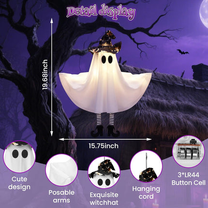 4-Pack Light-Up Halloween Ghosts with Witch Hats, 3 Modes, DIY Arms, Indoor Outdoor