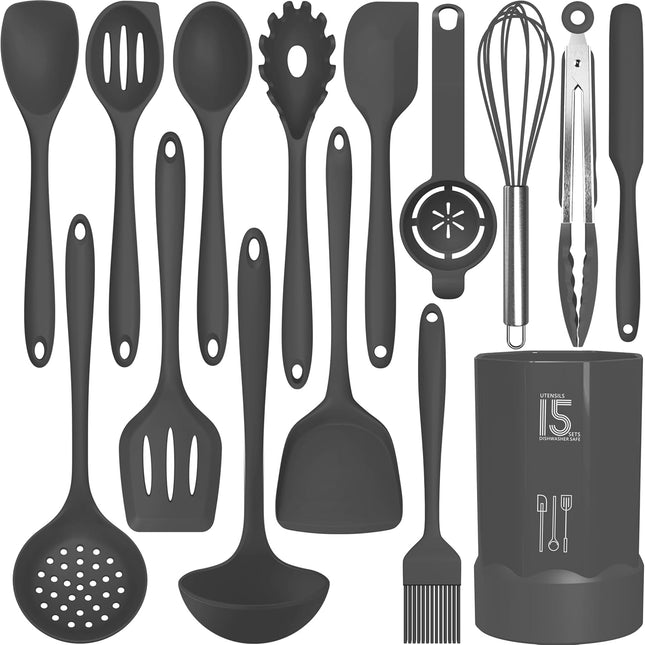 Silicone Kitchen Utensil Set Gray BPA Free Dishwasher Safe Spatula Tongs Spoon Tools