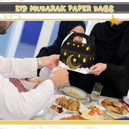 24-Pack Ramadan Treat Boxes Eid Gift Bags Black Gold Mosque Lanterns