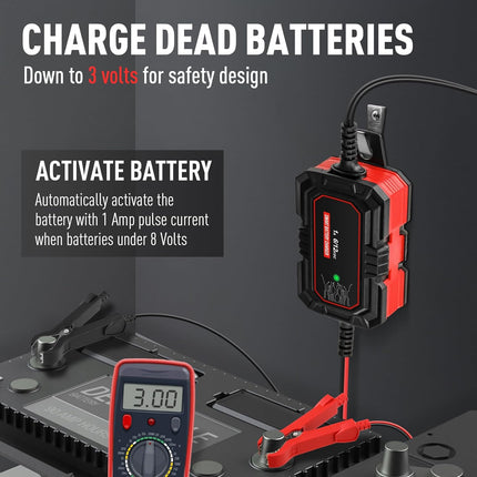 1A Battery Charger – 6V/12V Smart Trickle, 10-Stage, LiFePO4, Automatic Maintainer