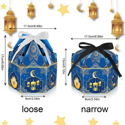 12PCS Eid Mubarak Boxes Blue Candy Treat Boxes with Ribbon for Ramadan