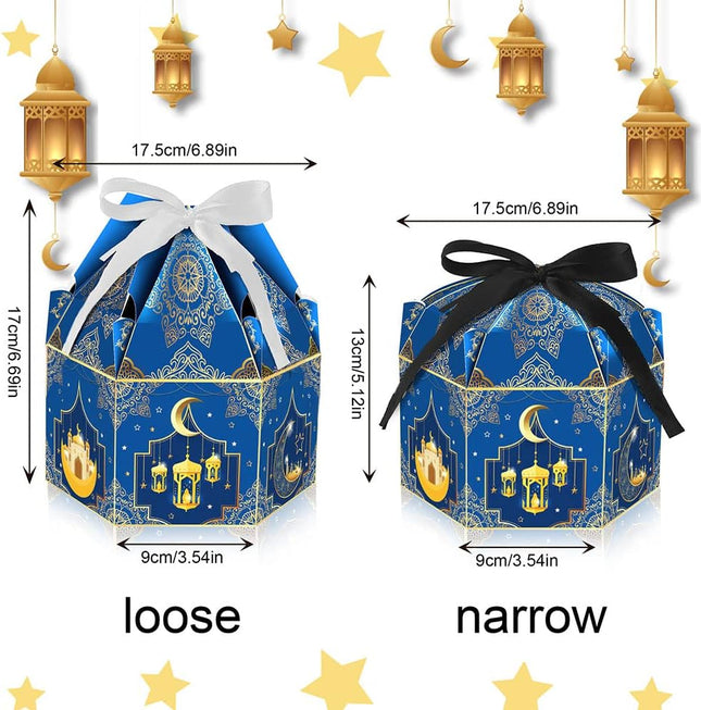 12PCS Eid Mubarak Boxes Blue Candy Treat Boxes with Ribbon for Ramadan