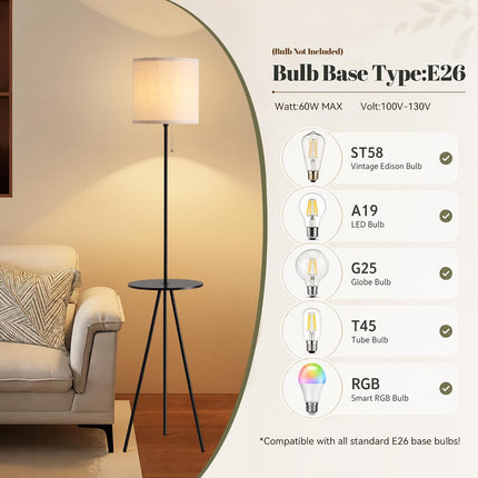Floor Lamp with Side Table Linen Shade Space Saving Standing Lamp for Living Room