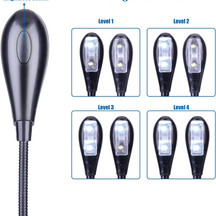 LED Book Light for Musicians – Clip-On, USB/AAA, Dual Arm, 4 Brightness Levels