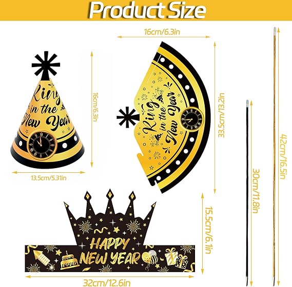18 PCS 2026 New Year Party Hats Cone & Crown Photo Props Multicolor