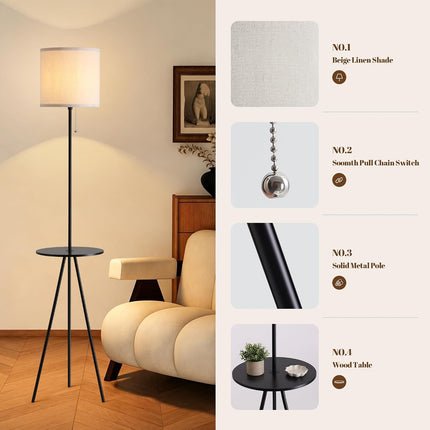 Floor Lamp with Side Table Linen Shade Space Saving Standing Lamp for Living Room