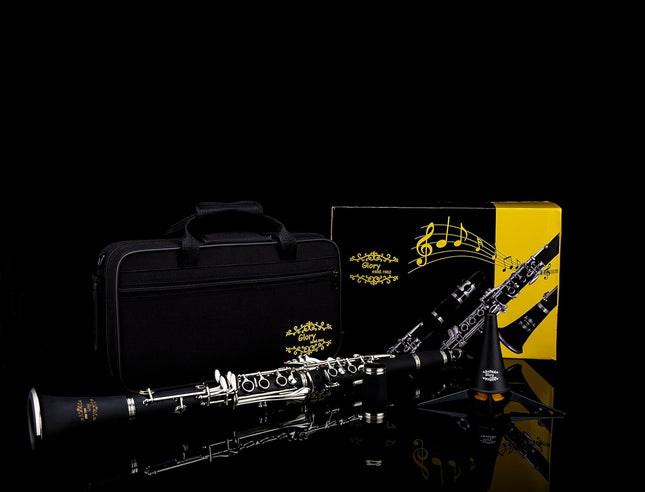 GLY-PBK Ebonite Bb Clarinet – 10 Reeds, Stand, Case, Cleaning Cloth & Accessories