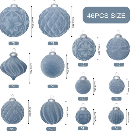 46PCS Velvet Christmas Ornaments – Gray Blue Shatterproof Tree Decor