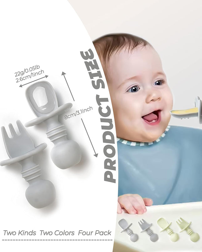 4-Pc Baby Spoon & Fork Set – Silicone Self-Feeding Utensils 6M+ with Cases