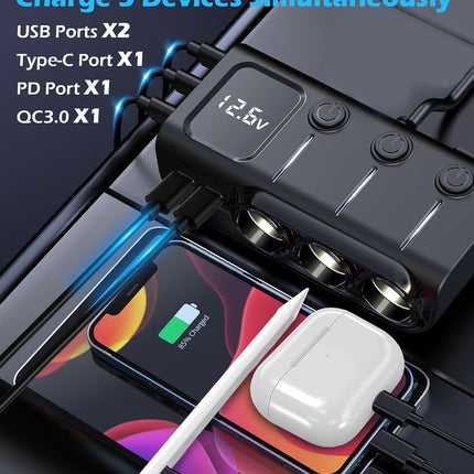 120W 8-in-1 Car Cigarette Lighter Splitter, 3 Sockets, 5 USB & PD36W USB-C