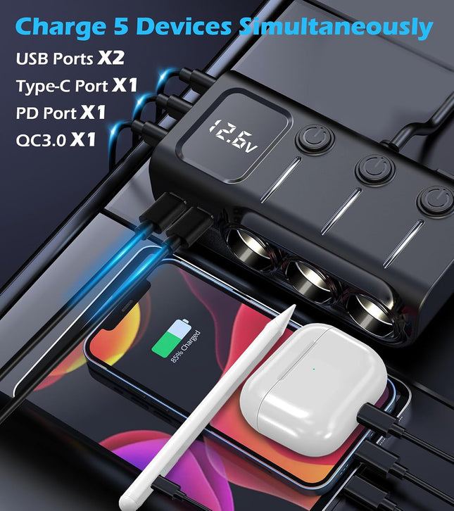 120W 8-in-1 Car Cigarette Lighter Splitter, 3 Sockets, 5 USB & PD36W USB-C