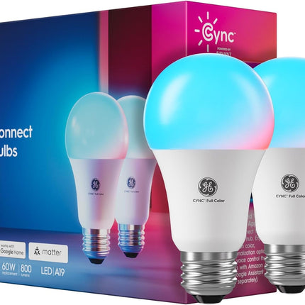 GE Cync A19 Smart LED Light Bulbs 2 Pack, WiFi Bluetooth Colour Changing, Alexa Compatible