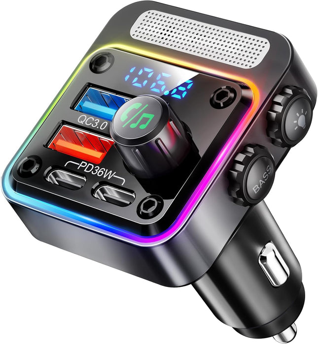 54W Car Adapter with FM Radio Transmitter, Fast Charging & Deep Bass