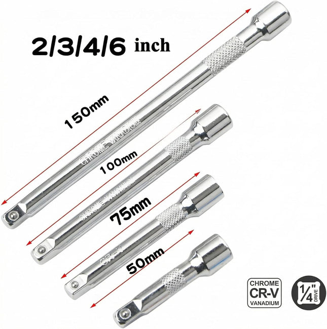 4 Pcs 1/4 Inch Drive Socket Extension Set CR-V Steel 2–6 Inch Ratchet Bars