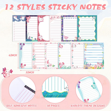 24 Pcs Axolotl Sticky Notes with Pens – 3x4 Inch, Cute Animal To-Do List, Black Ink