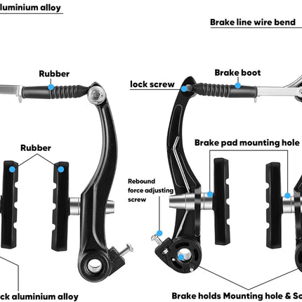 Universal V-Type Bike Brake Set, Front & Rear MTB Bicycle Brakes with Cables