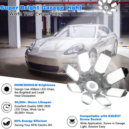 2 Pack 200W LED Garage Lights 6500K 40000LM E26 E27 Screw In 8 Deformable Panels