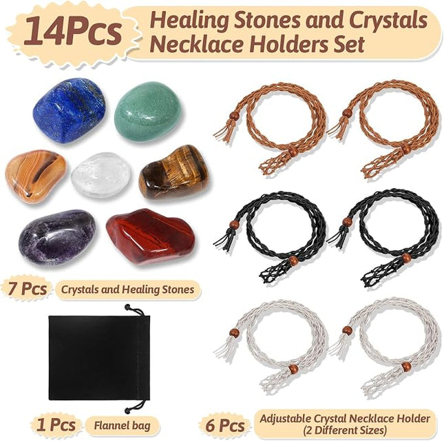 Macrame Crystal Necklace Holder Set with 7 Healing Stones and 6 Adjustable Cages