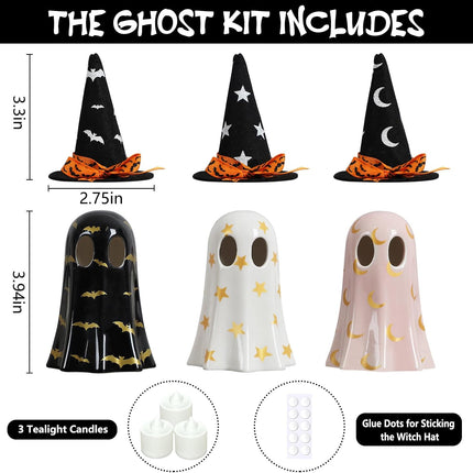 3-Piece Halloween Ceramic Ghost Figurines with Witch Hats, Mantel & Table Decor