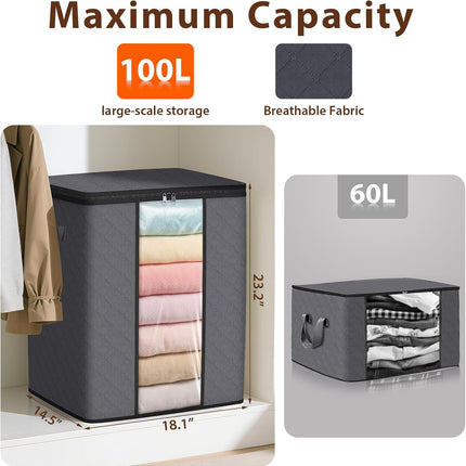 3 Pack 100L Foldable Clothes Storage Bags, Grey, Clear Window, Reinforced Handles