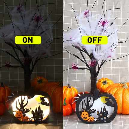 2-Piece Lighted Halloween Wooden Table Decor, LED Ghost Pumpkin BOO Centerpieces